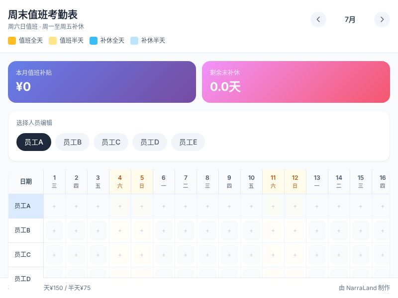 周末值班考勤表
